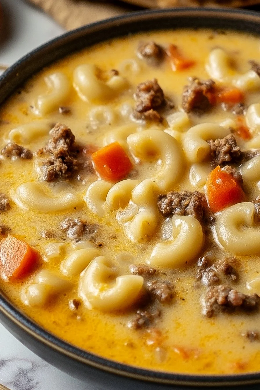 Delicious bowl of cheeseburger macaroni soup to warm your heart.