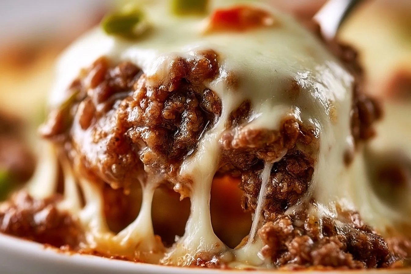 Delicious cheesesteak casserole in a baking dish, topped with melted cheese.
