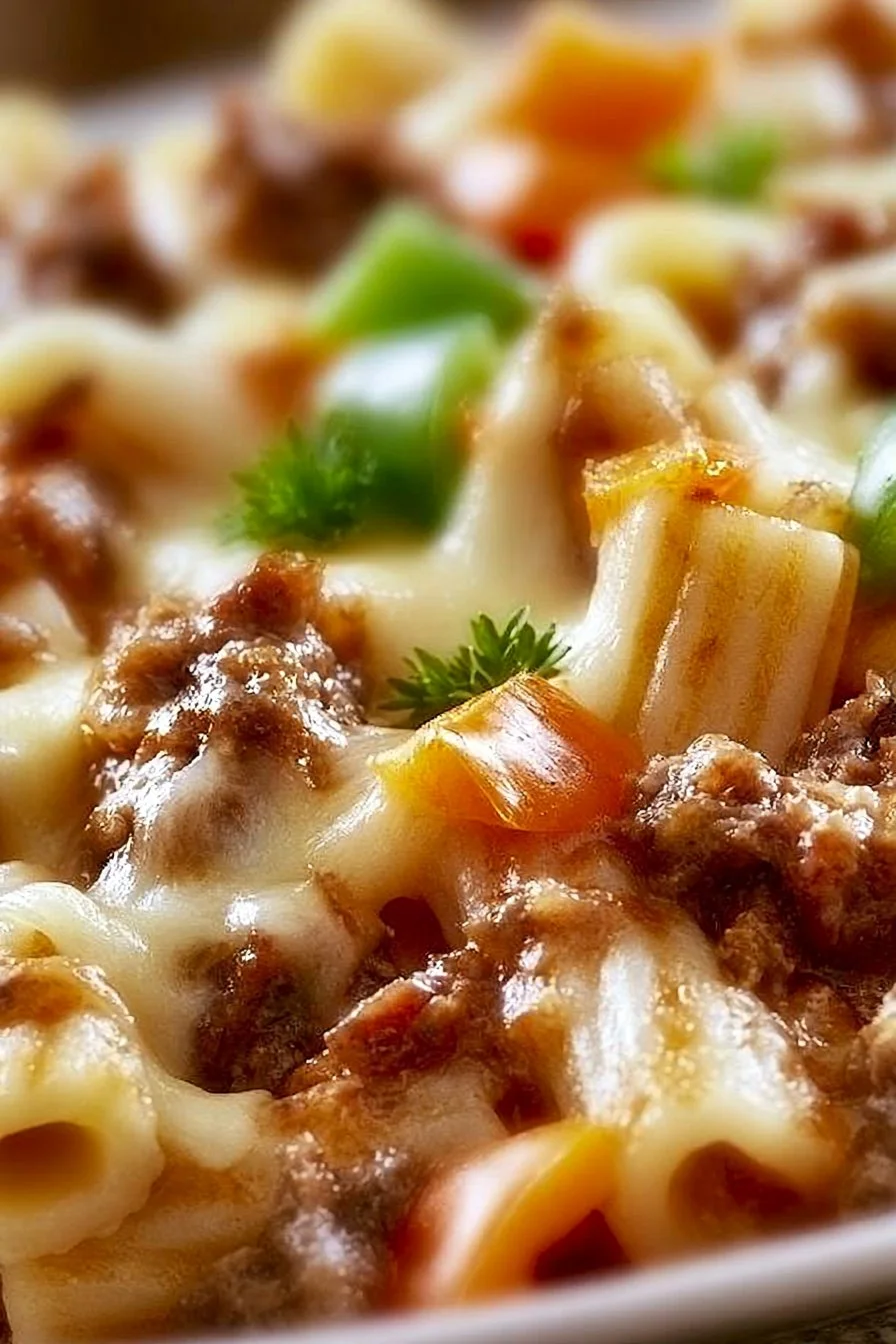 Delicious cheesesteak pasta dish served with melted cheese and steak pieces.