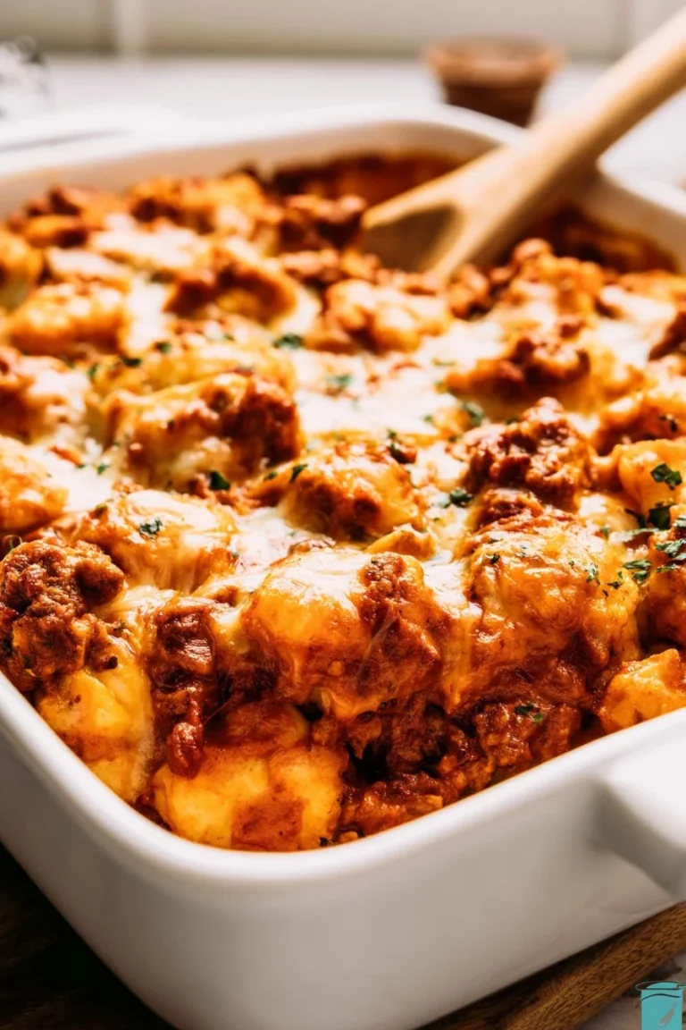 Cheesy Beef Biscuit Bake topped with melted cheese and savory ground beef.