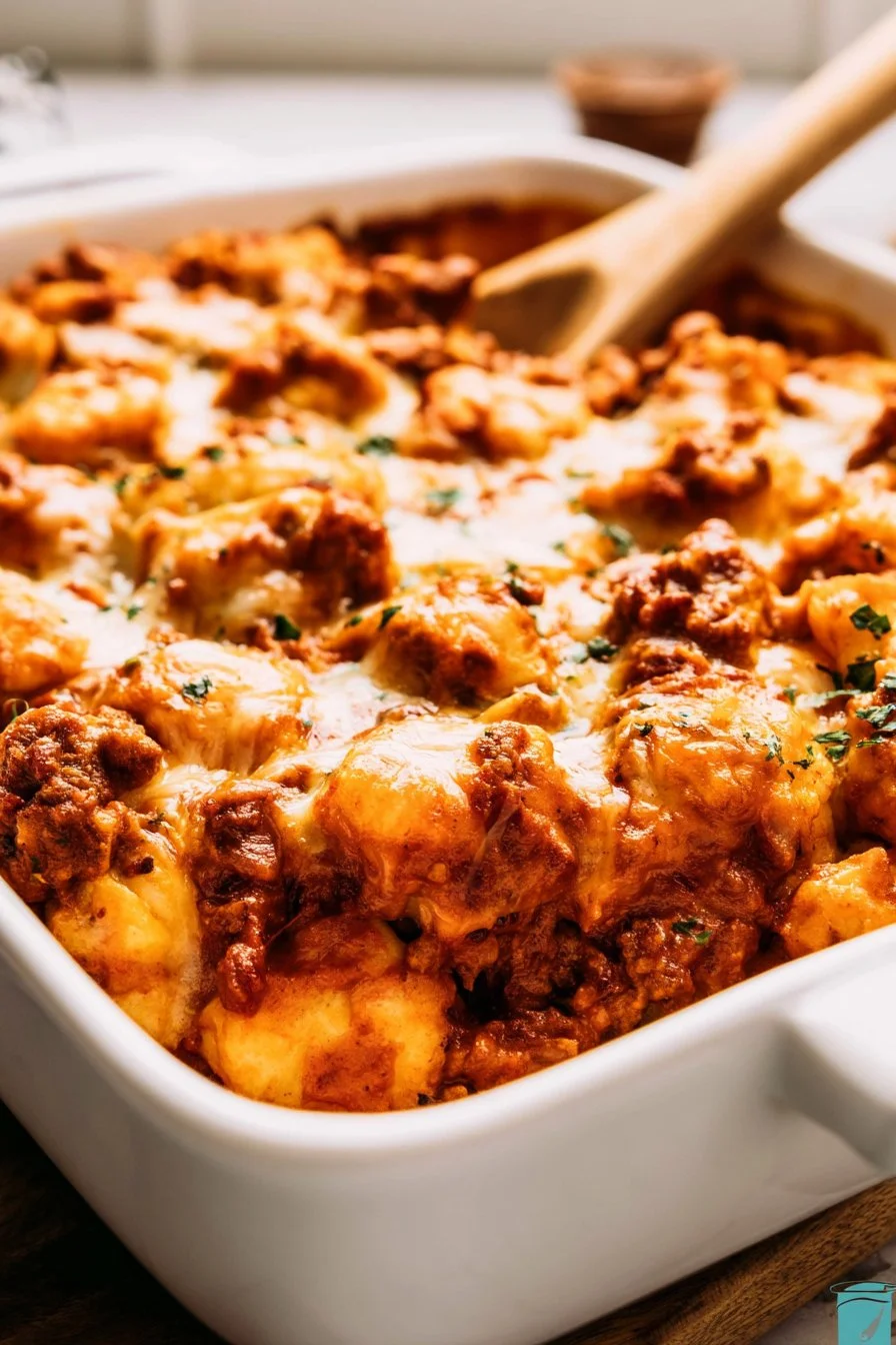 Cheesy Beef Biscuit Bake topped with melted cheese and savory ground beef.