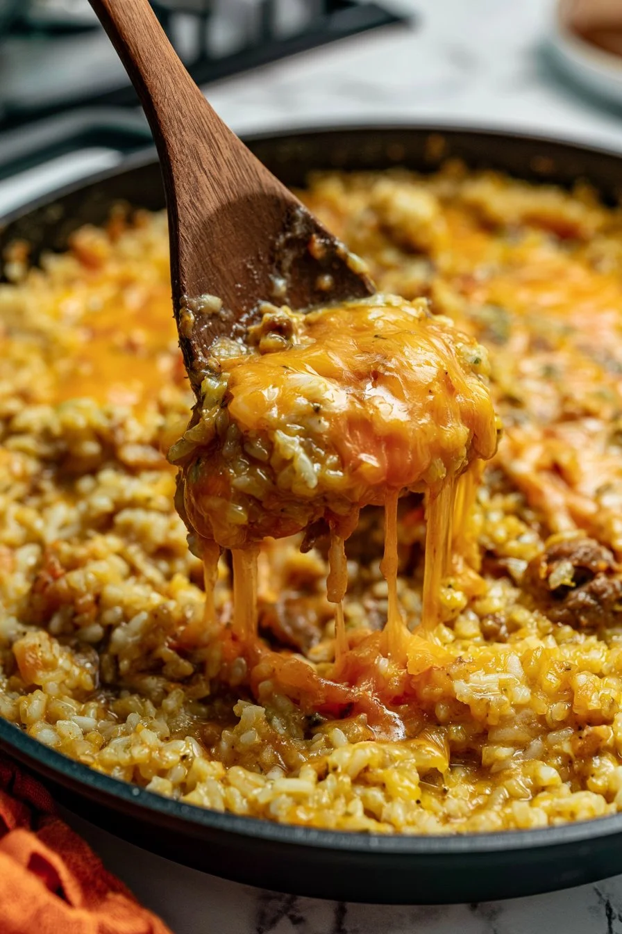 Delicious Cheesy Ground Beef and Rice dish served in a bowl
