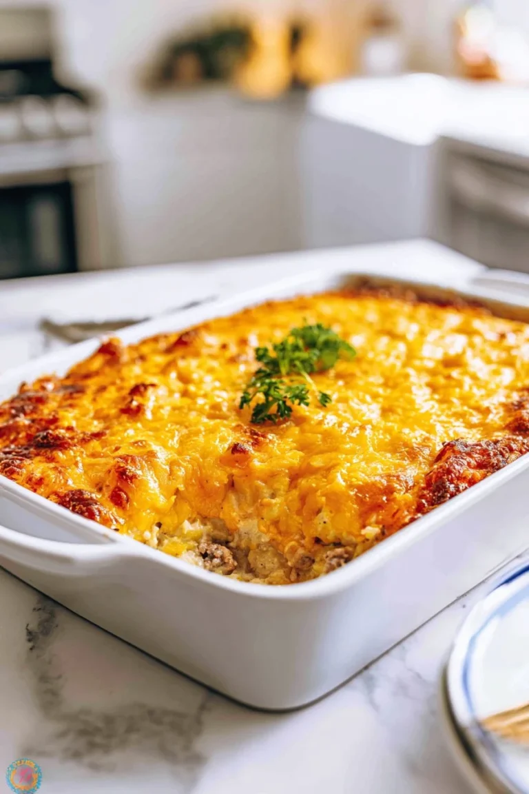 Delicious cheesy ground beef rice casserole topped with melted cheese and spices.