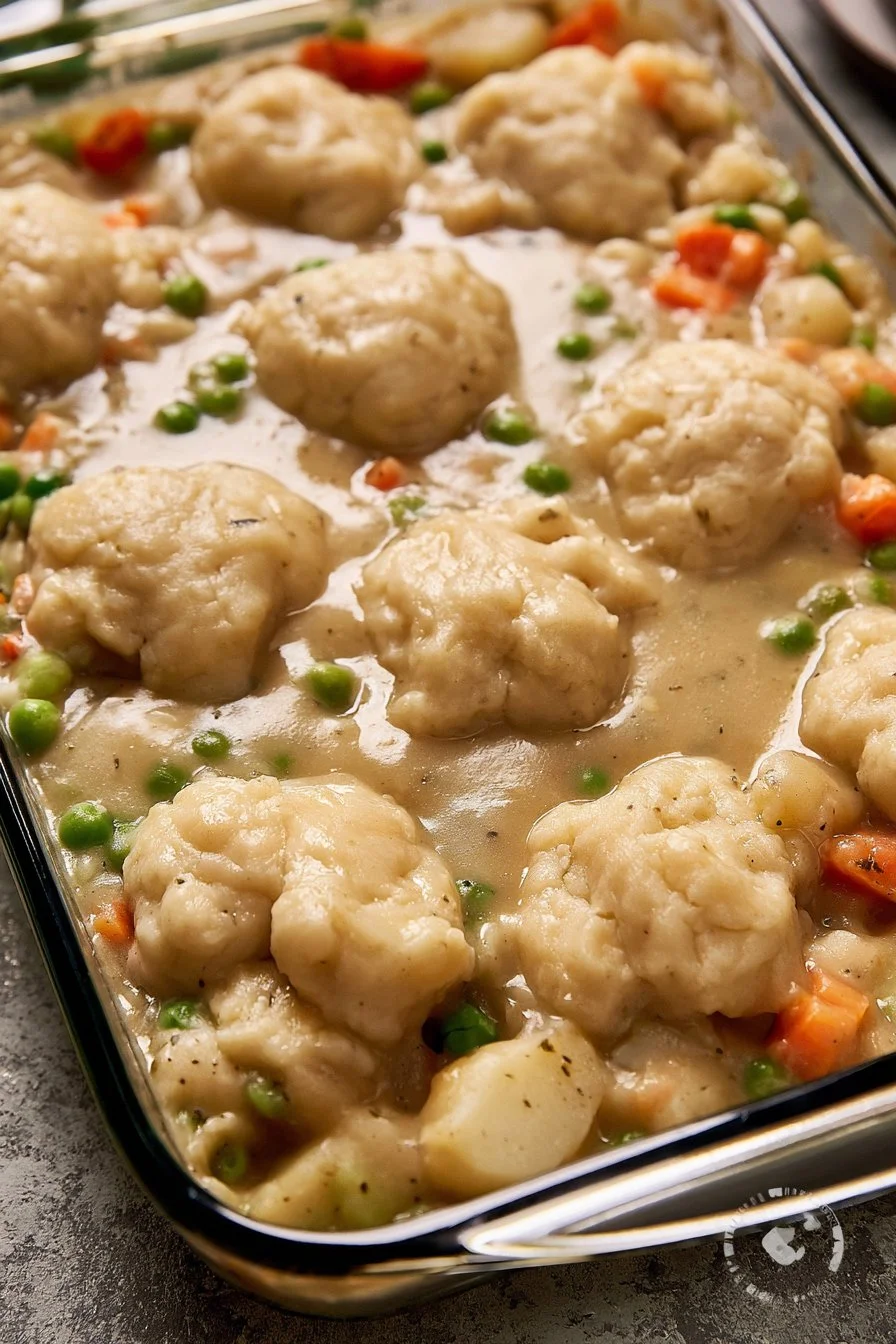 Delicious Chicken Casserole with flaky biscuits topping