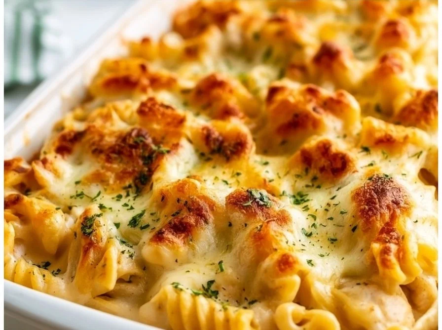 Delicious Chicken Pasta Bake with Garlic Parmesan cheese