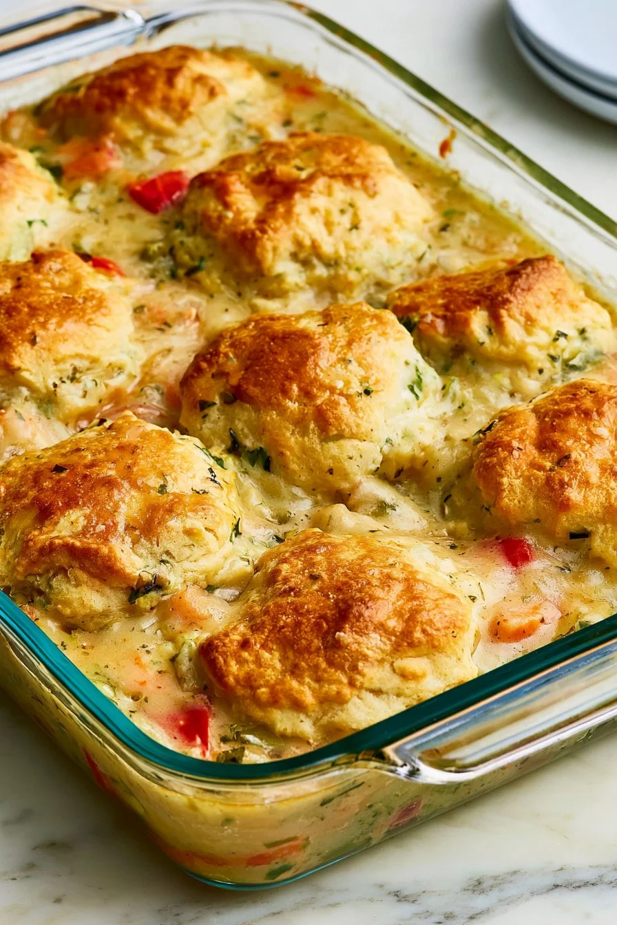 Delicious Chicken Pot Pie with a flaky biscuit crust, fresh out of the oven.
