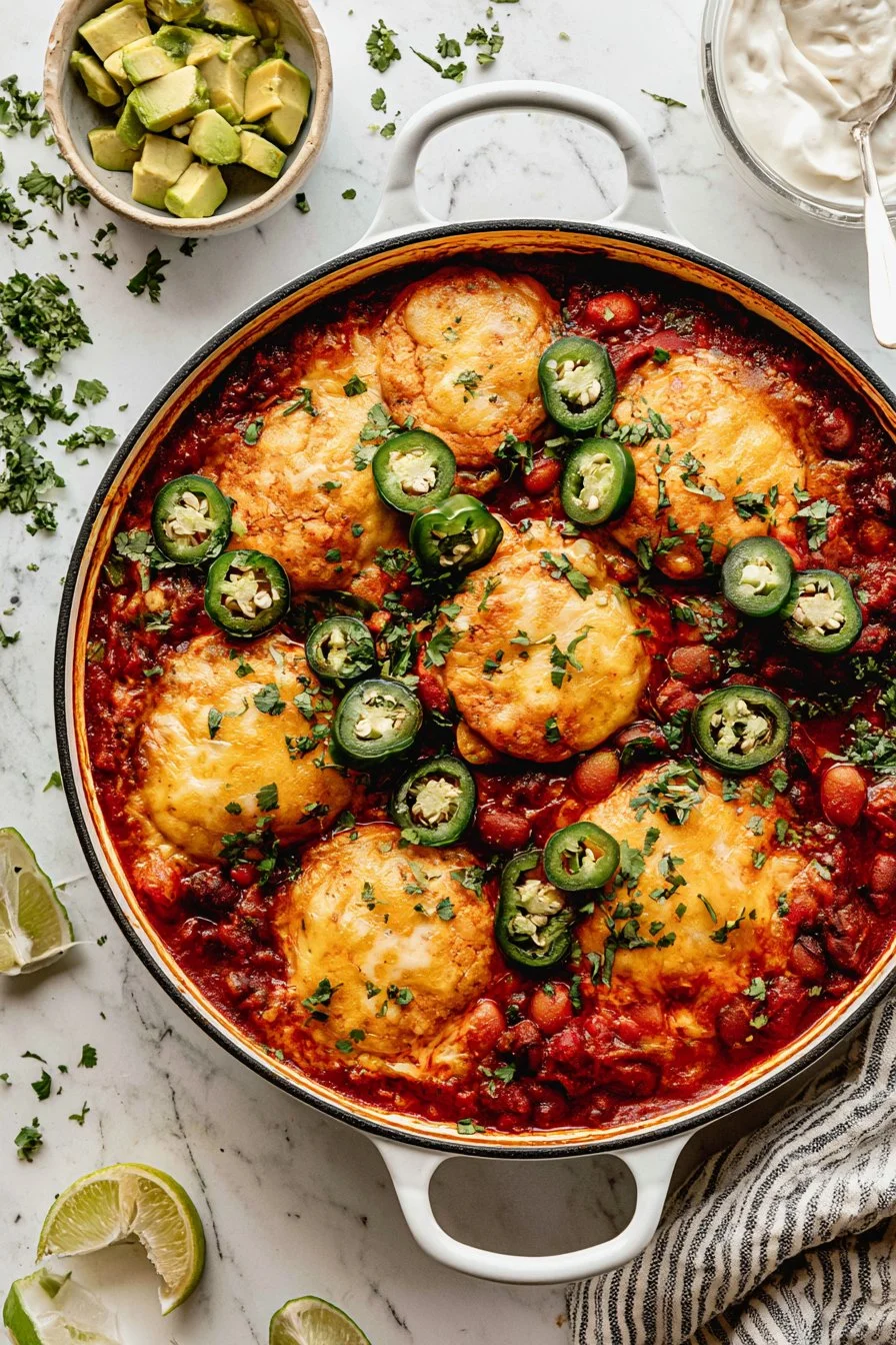 Delicious Chili Cornbread Casserole served in a dish with a golden cornbread topping.