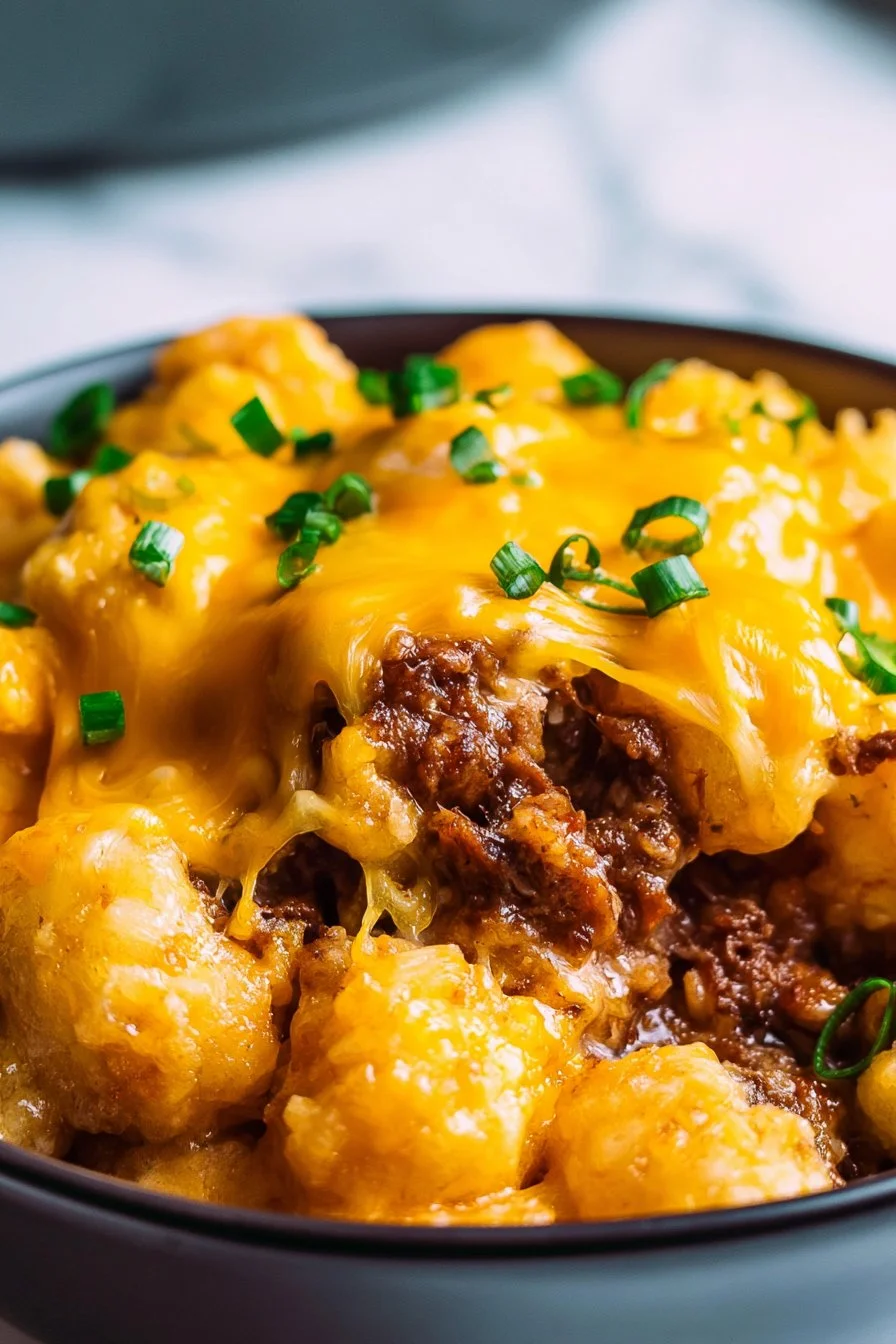 Delicious Chili Cheese Tater Tot Casserole topped with cheese and chili.