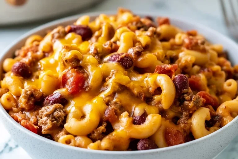 Delicious bowl of Chili Mac and Cheese topped with cheese and herbs