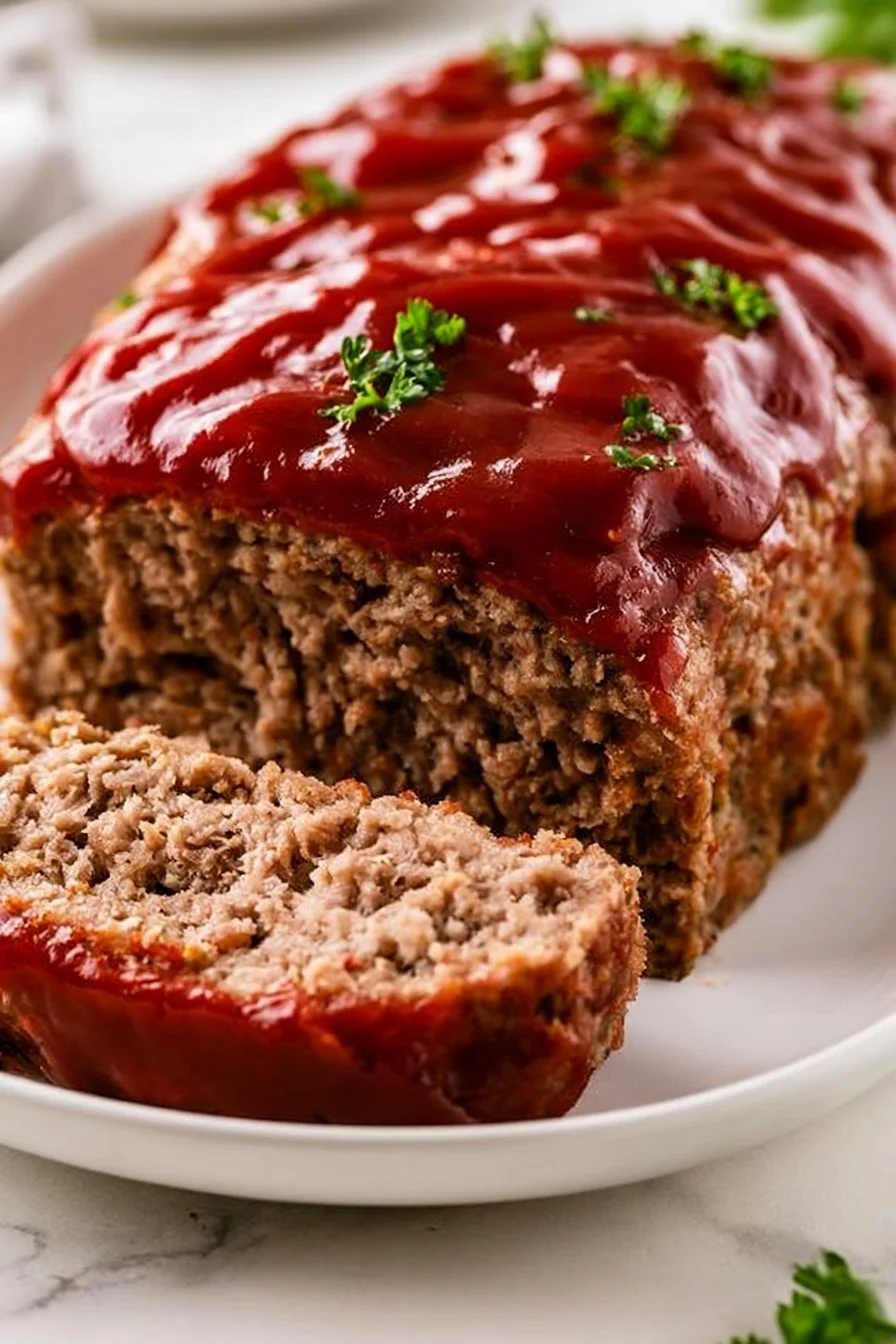Classic meatloaf freshly baked and garnished, showcasing a hearty meal option.