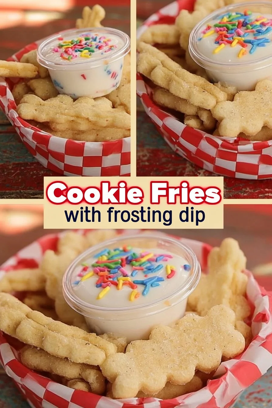 Delicious cookie fries served with a creamy frosting dip