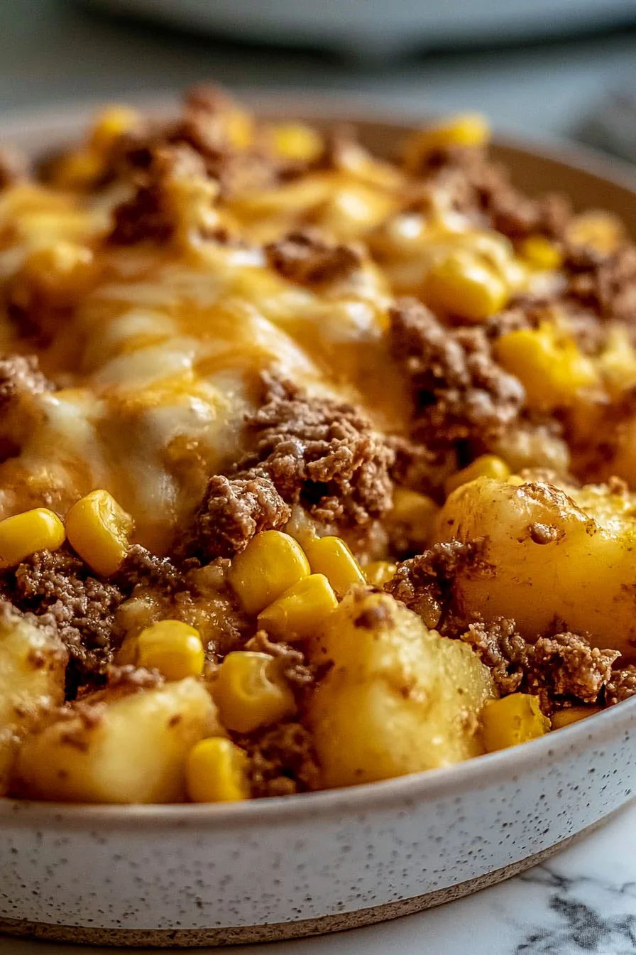 Cowboy Potato Casserole slow cooker dish with cheese and bacon