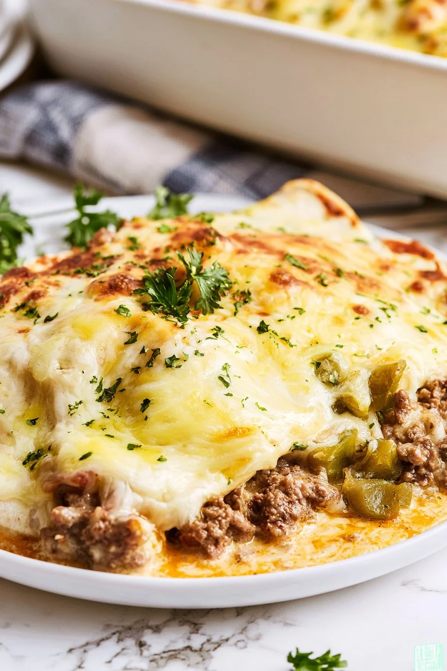 Creamy beef enchiladas topped with cheese and salsa, served on a plate