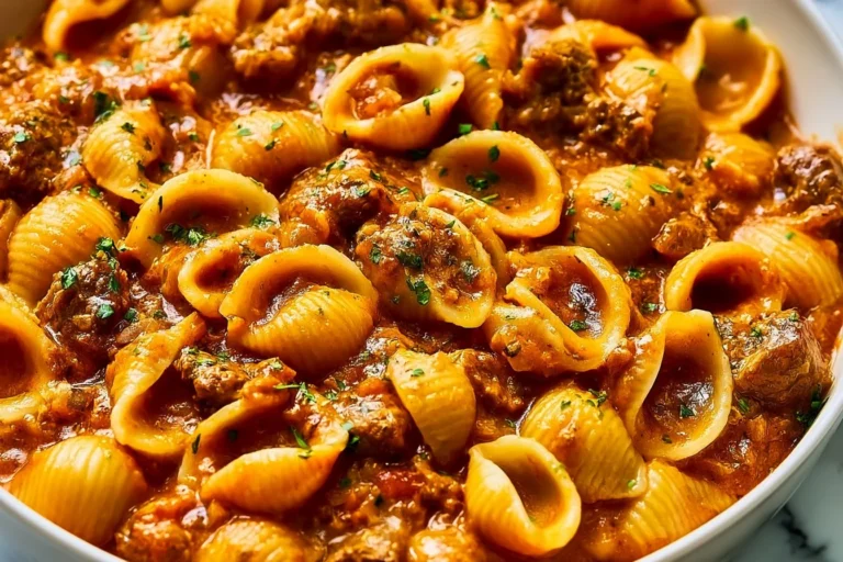 Creamy beef pasta shells in a bowl, garnished with herbs.
