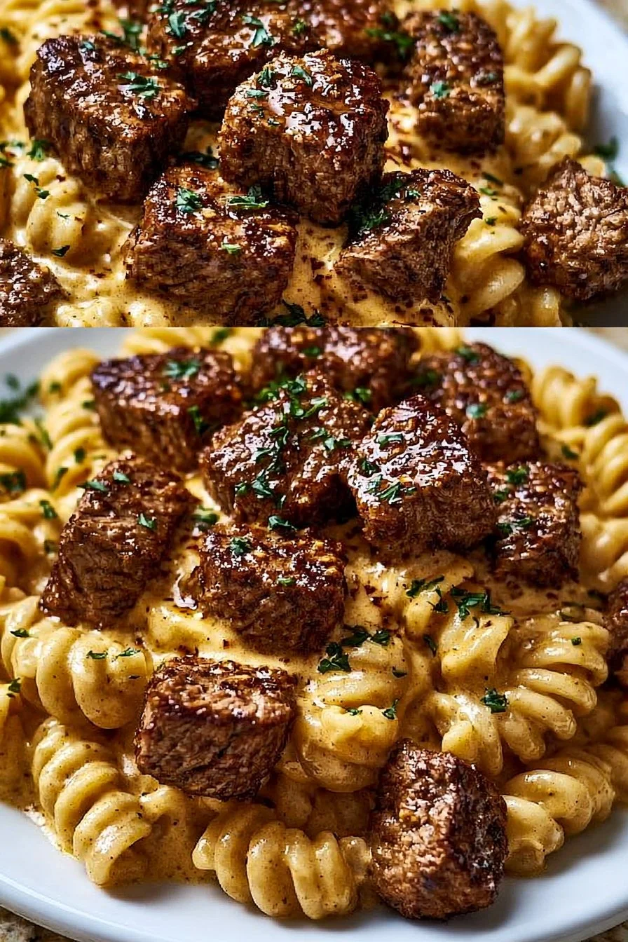 Creamy garlic butter steak bites with Cajun Alfredo pasta served in a bowl