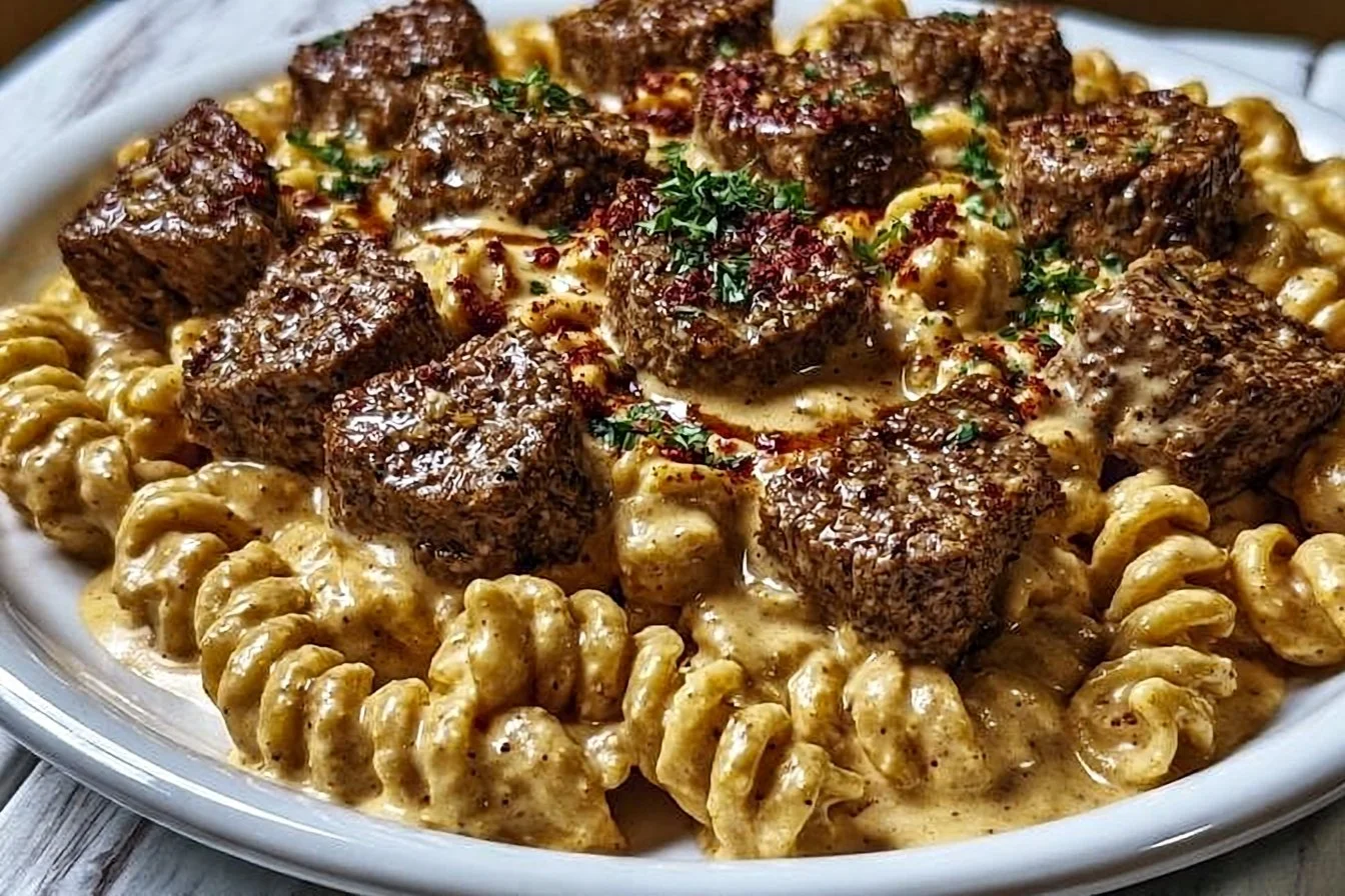 Creamy Garlic Butter Steak Bites with Spicy Cajun Alfredo Twisted Pasta
