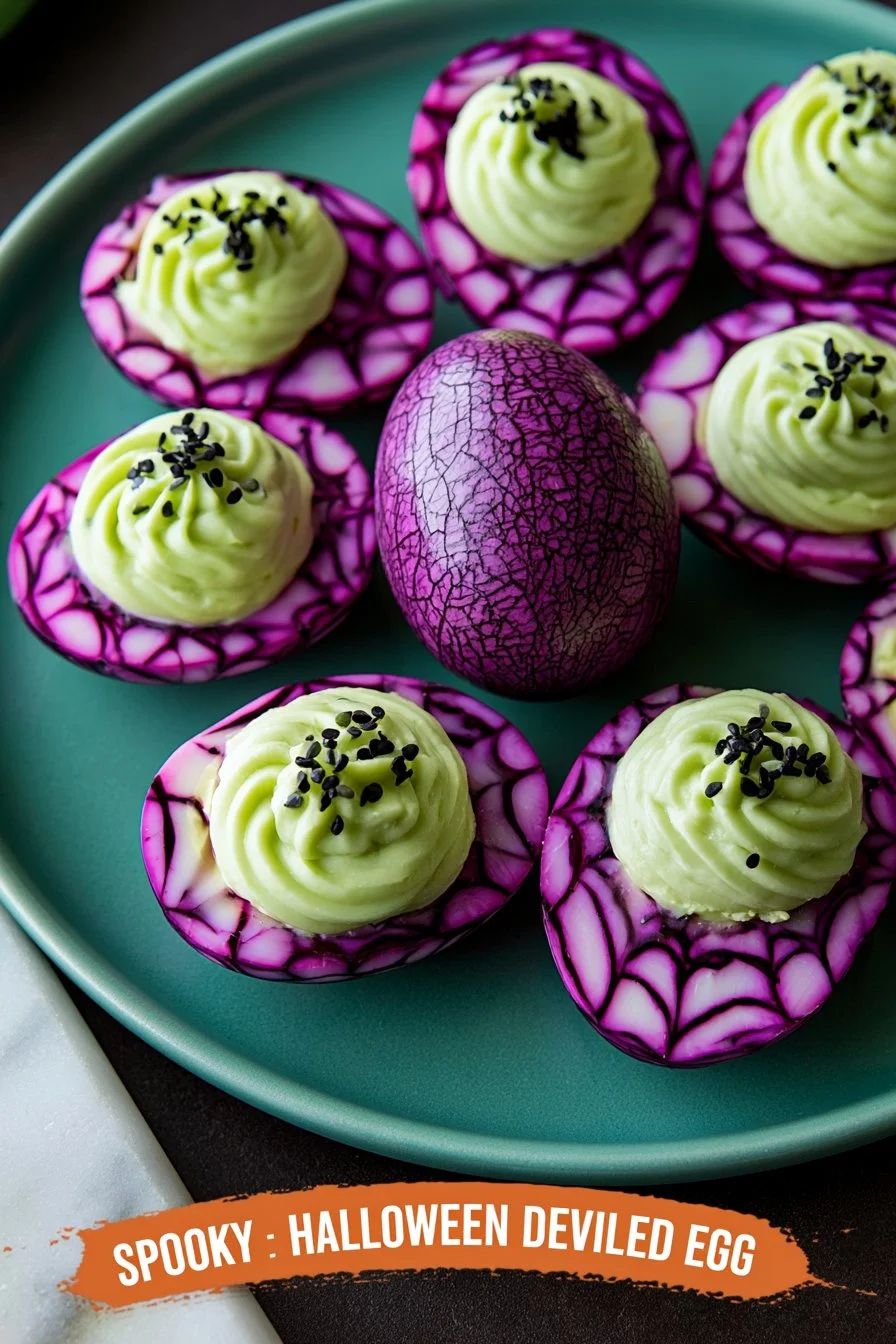 Spooky deviled eggs decorated for Halloween