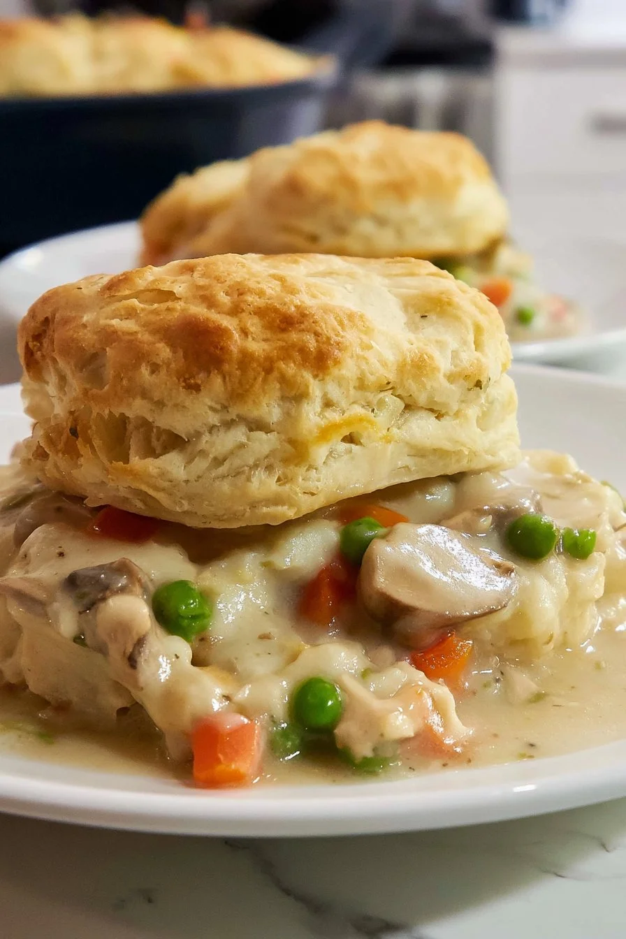 Delicious easy a la king biscuit casserole served in a baking dish