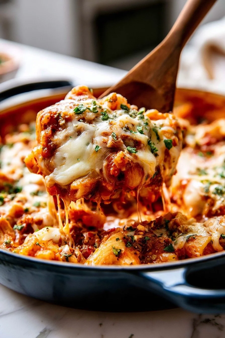 Easy skillet lasagna cooking in a pan with melted cheese and fresh ingredients