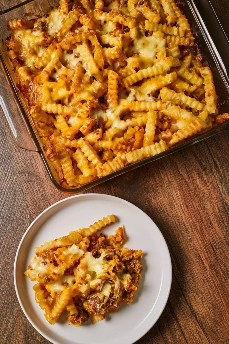 Deliciously baked French fry casserole topped with melted cheese and savory toppings