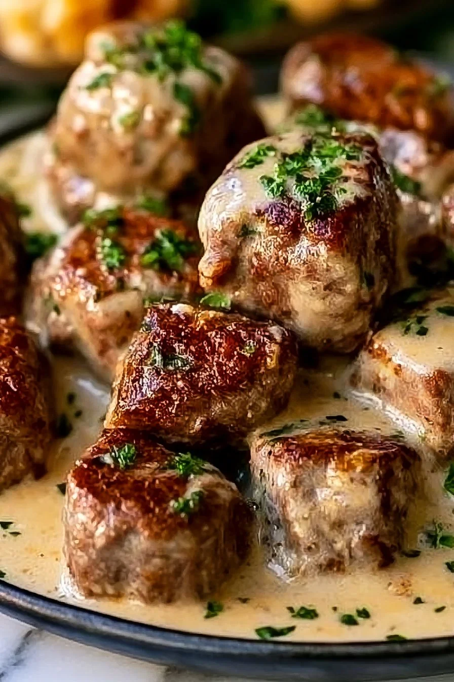 Delicious garlic butter steak bites topped with creamy Parmesan sauce