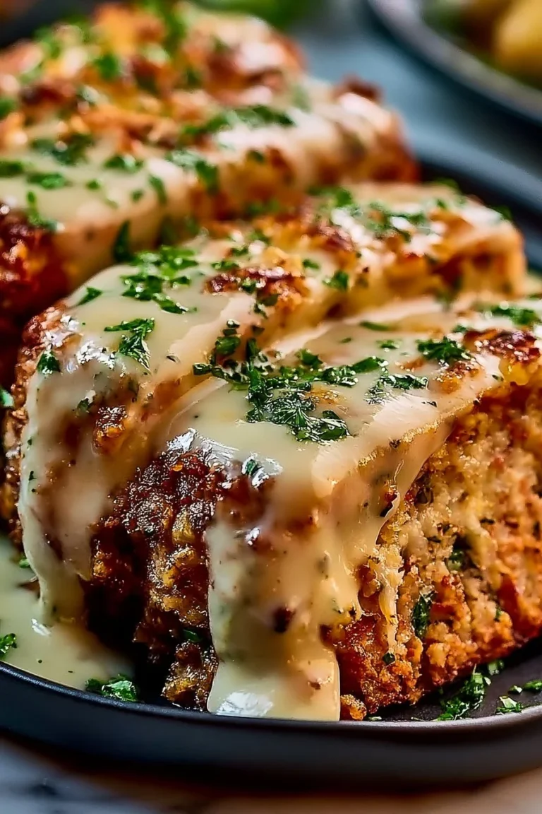 Delicious Garlic Parmesan Meatloaf on a plate, garnished and ready to serve.
