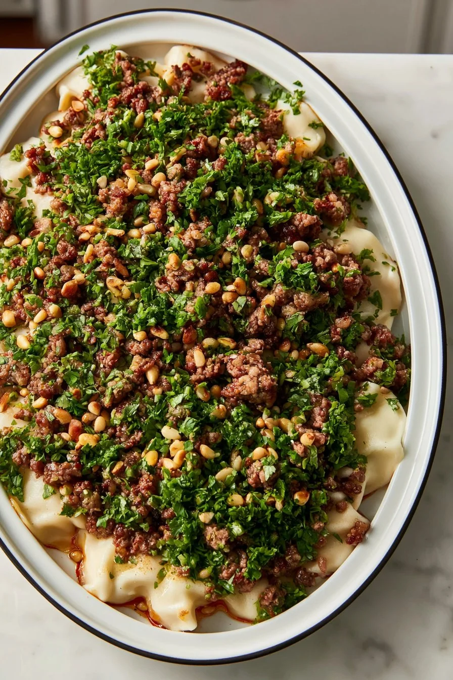 Delicious Garlic Yogurt Pasta topped with herbs and spices