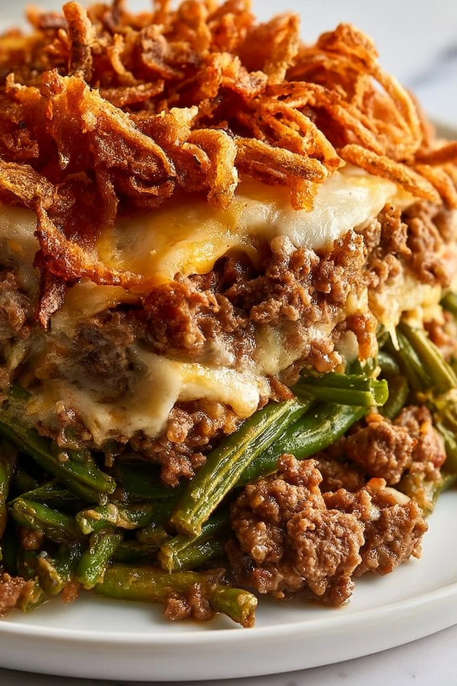 Green bean casserole with hamburger, a delicious twist on the classic recipe.
