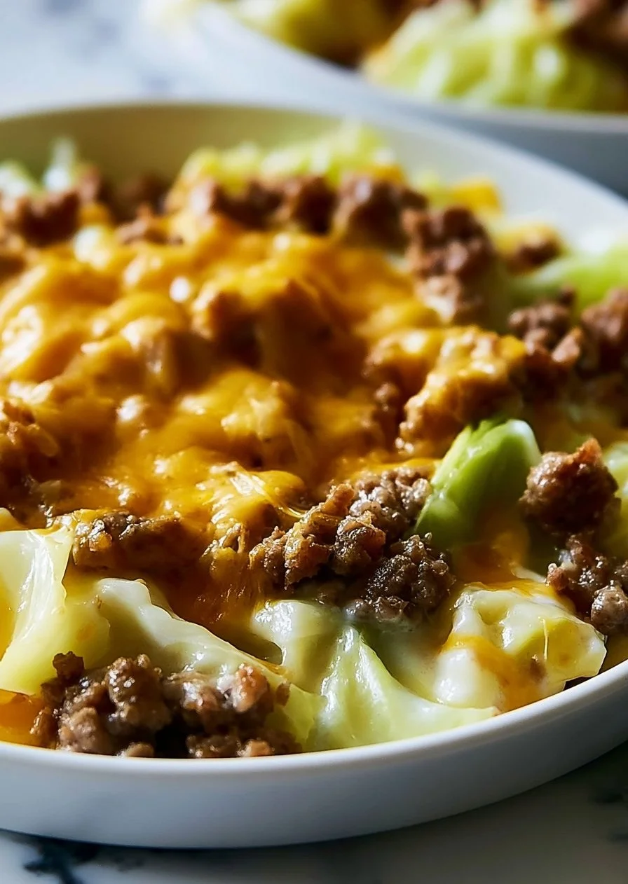 Ground beef and cabbage casserole dish filled with cheese and seasoning