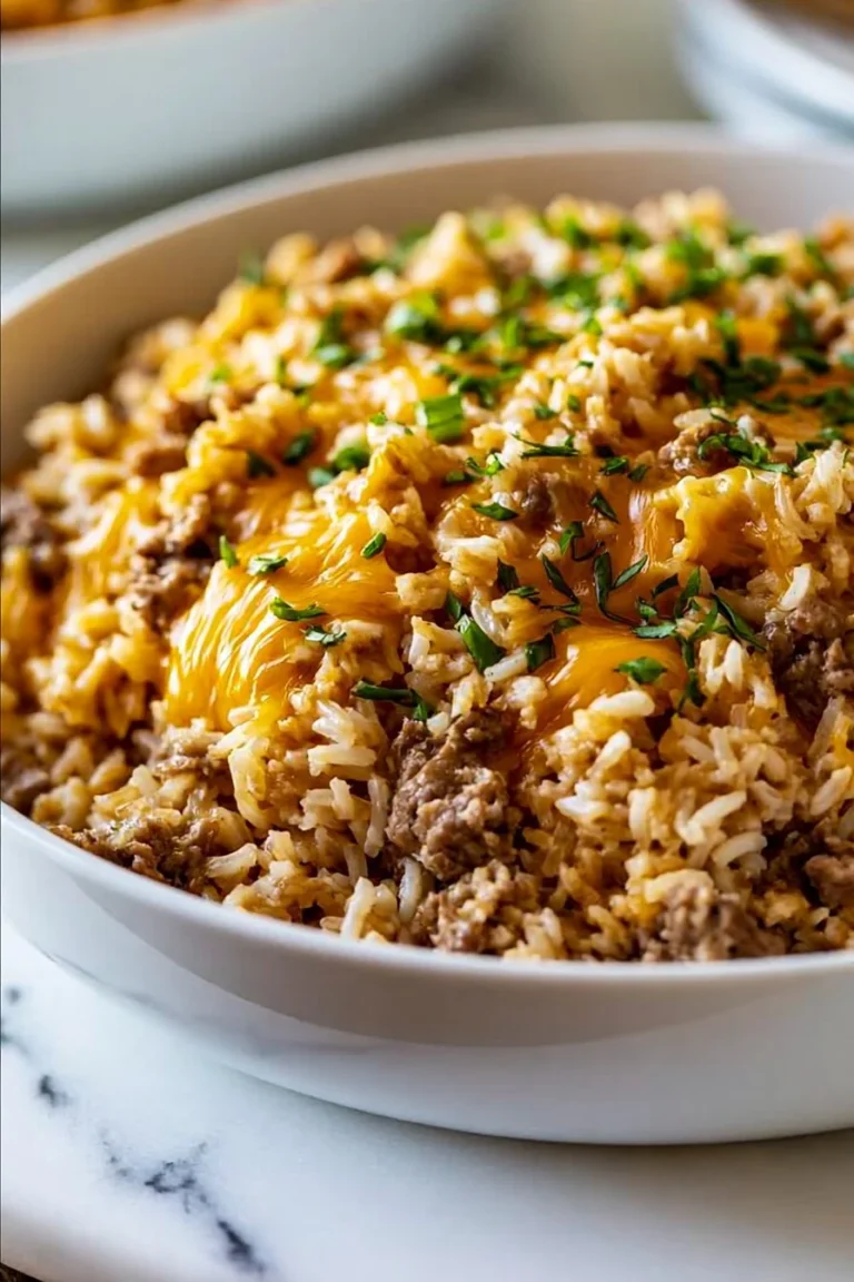 Ground beef and rice casserole dish served in a bowl with toppings.