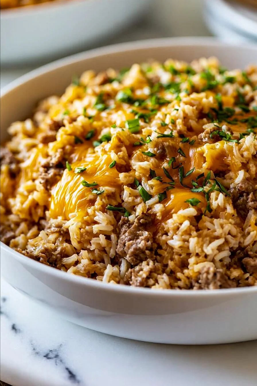Ground beef and rice casserole dish served in a bowl with toppings.