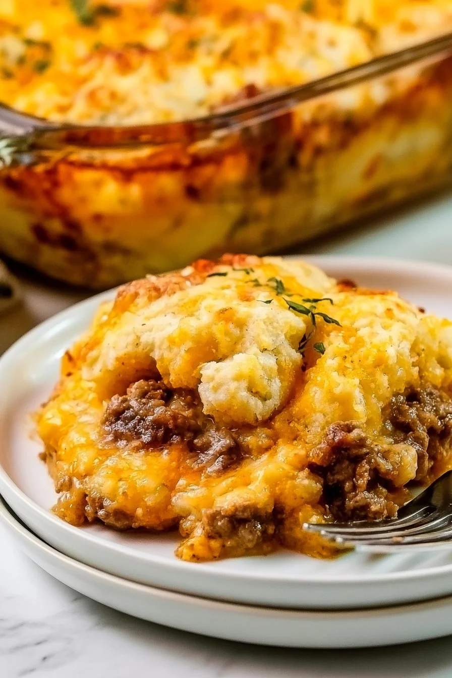 Delicious Ground Beef Cobbler topped with Cheddar Bay biscuits