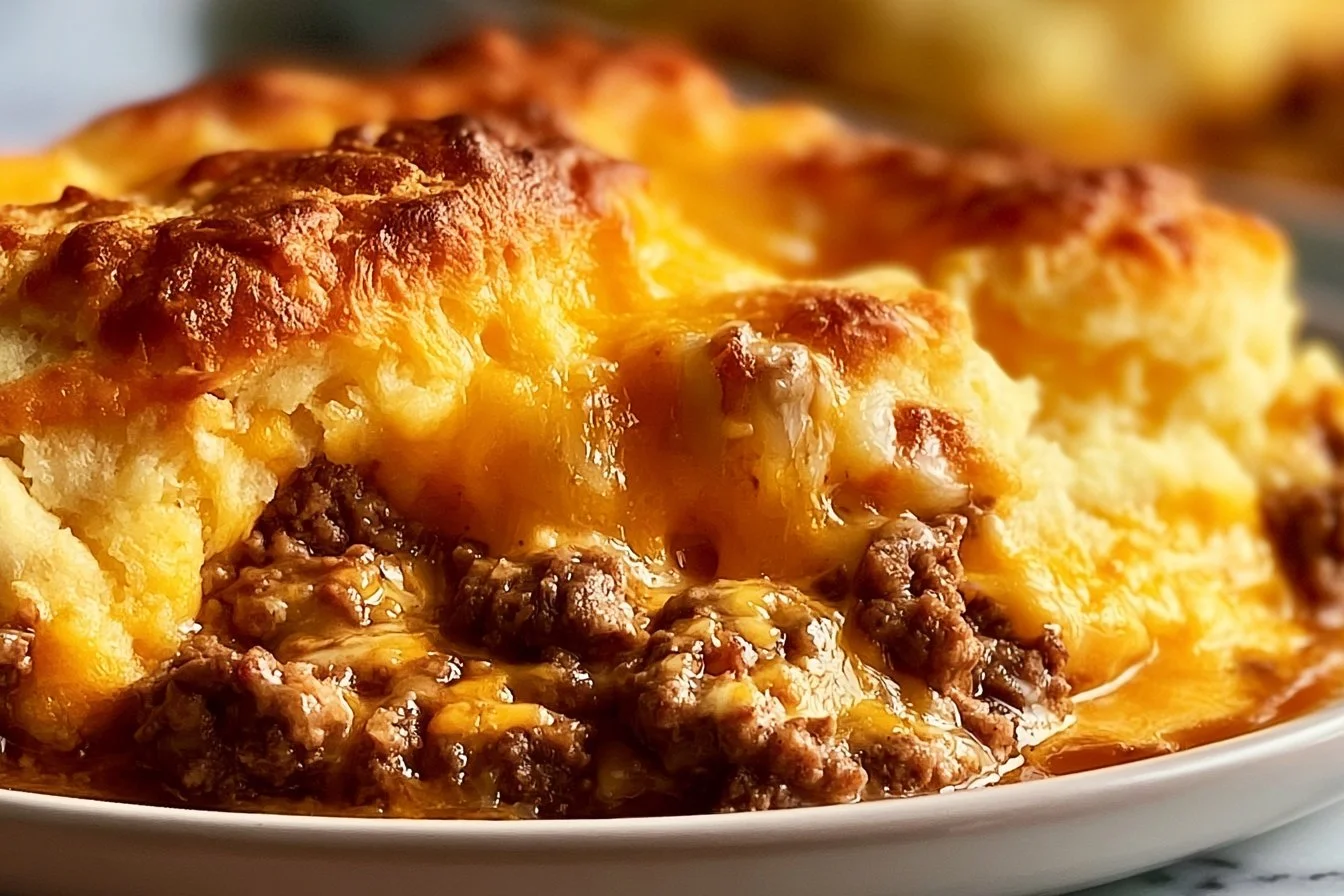 A delicious Ground Beef Cobbler baked to perfection with a golden crust.