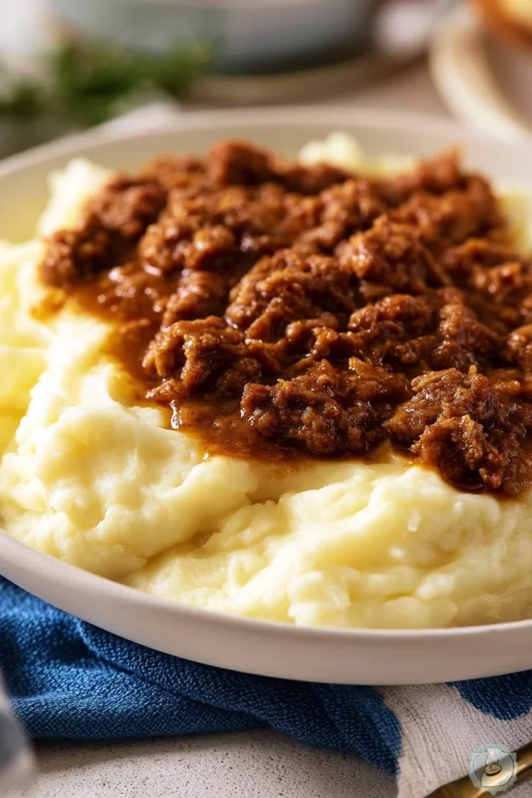 Homemade ground beef gravy served over mashed potatoes.