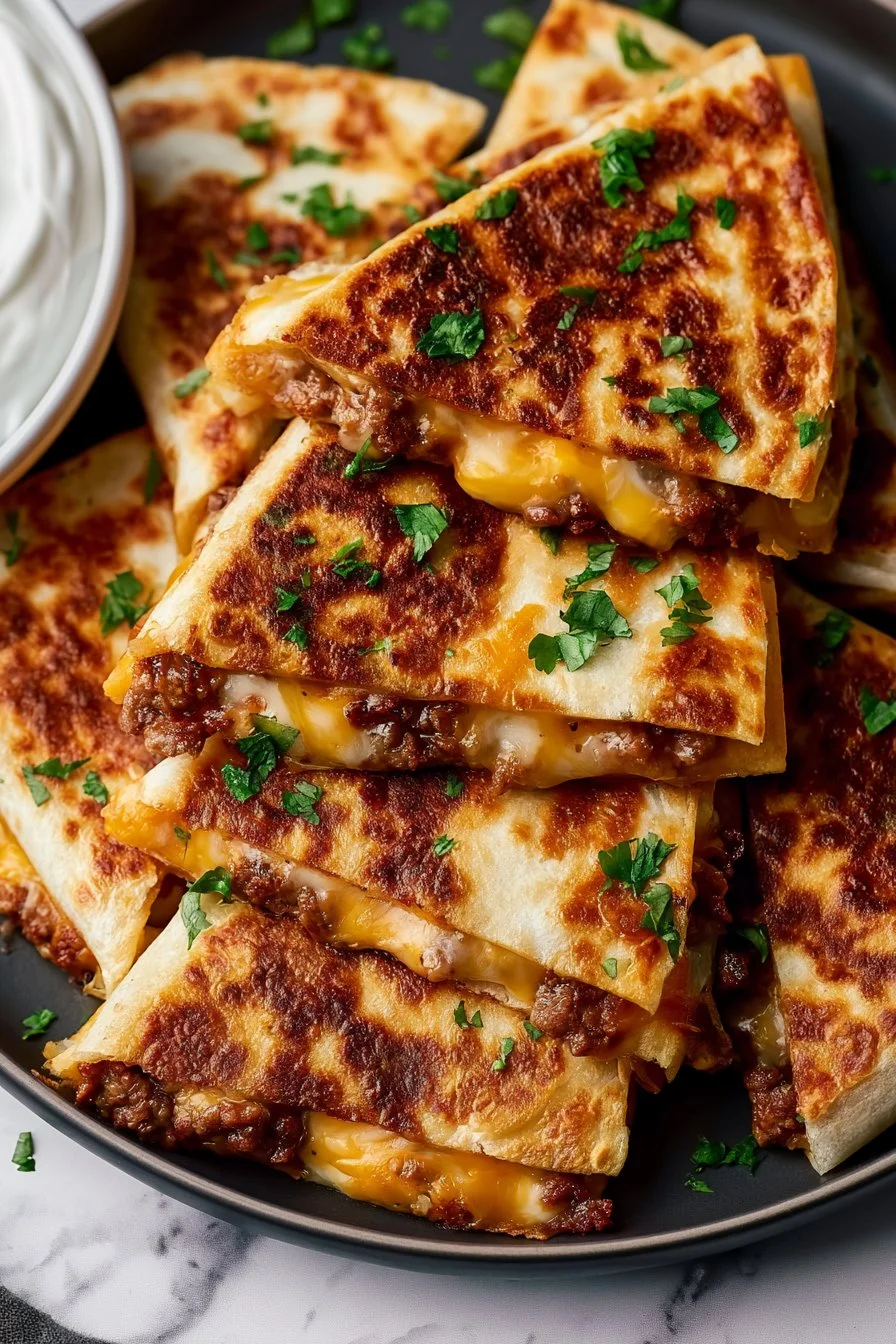 Golden brown ground beef quesadillas with crispy crust and melted cheese