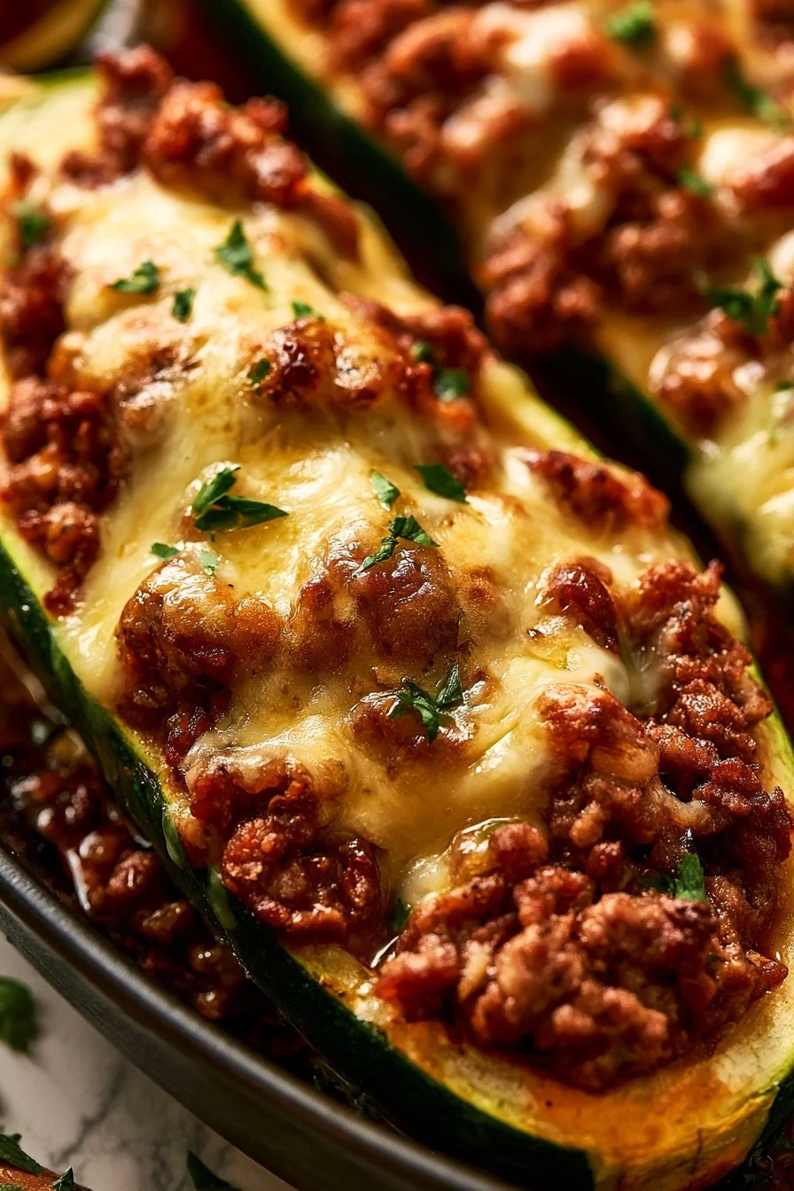 Ground Beef Zucchini Boats filled with savory ingredients