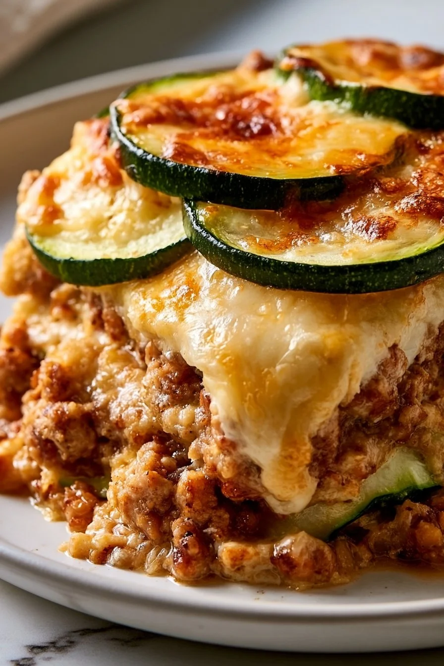 Ground turkey zucchini casserole baked dish with cheese on top