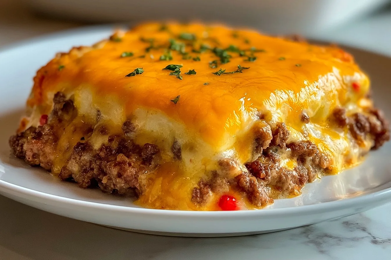 Delicious Hamburger Casserole served in a baking dish