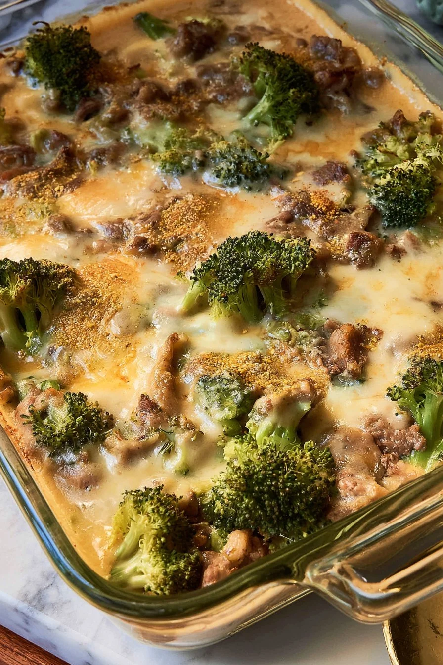 Delicious Hamburger Casserole with Broccoli served in a baking dish