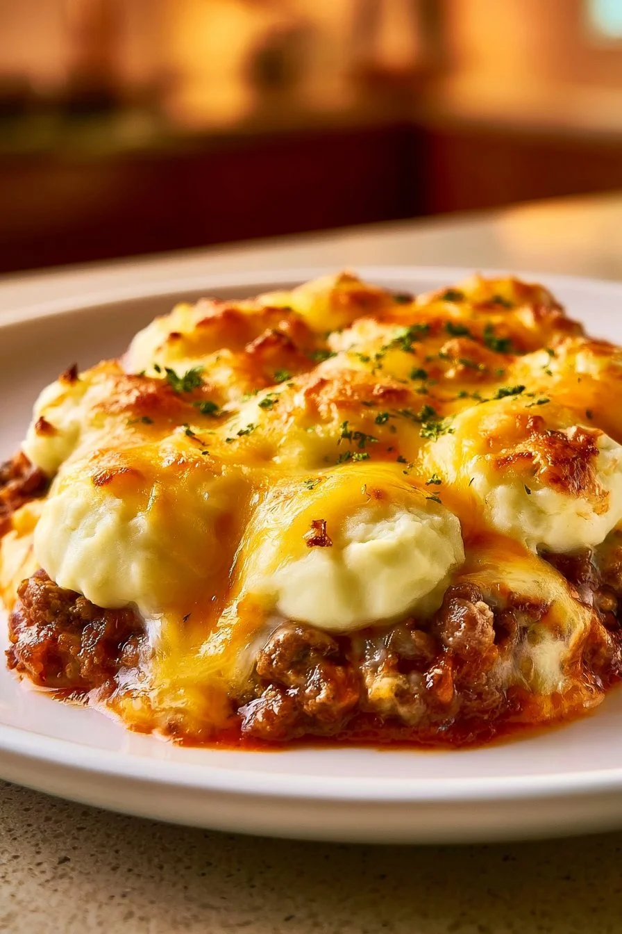 Delicious hamburger casserole with cheddar cheese baked to perfection