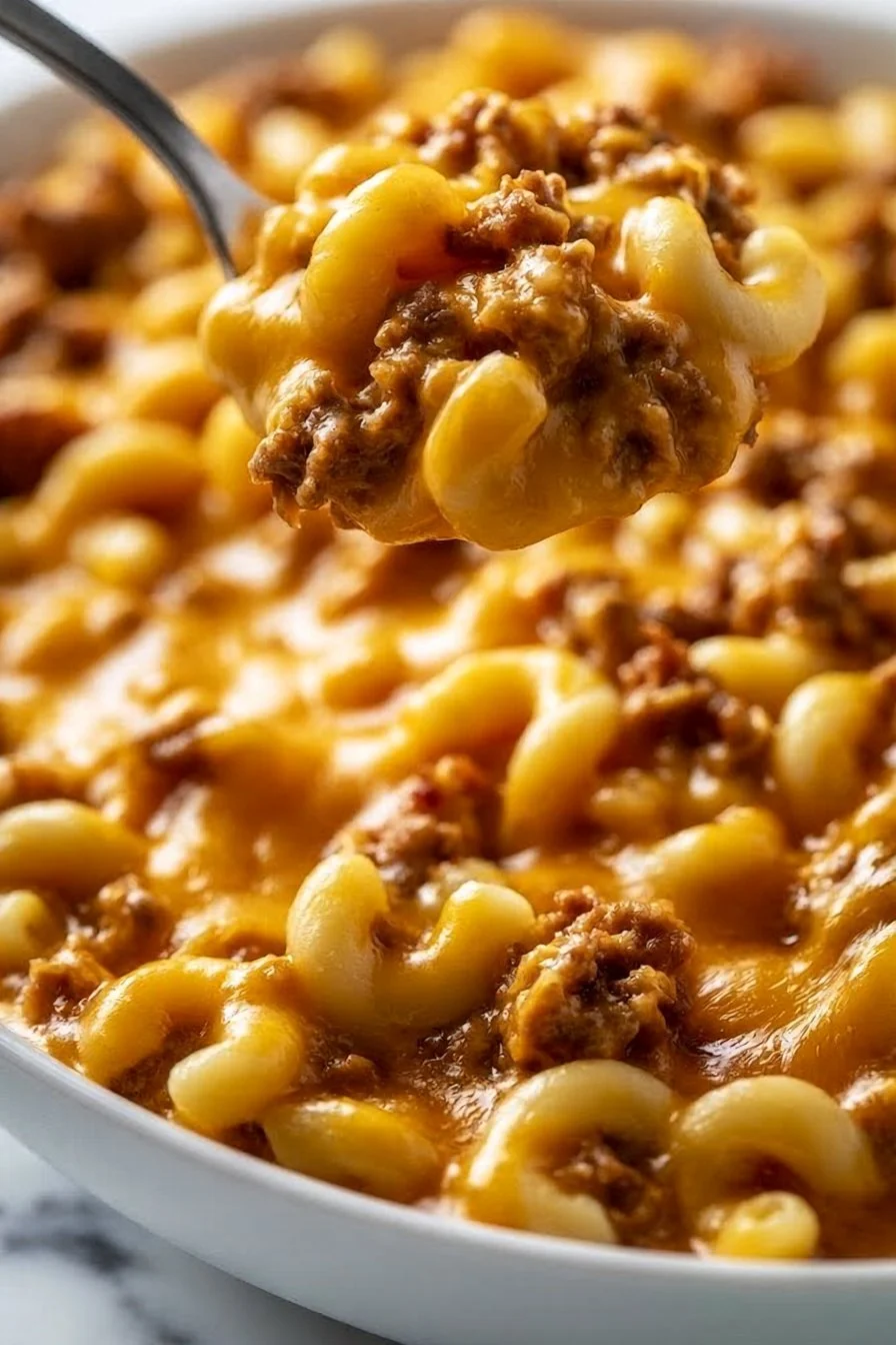 Plate of Hamburger Helper with Cheese garnished and ready to serve