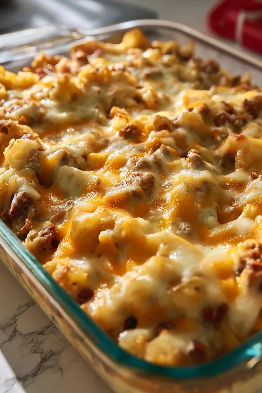 Delicious hamburger noodle casserole topped with cheese and herbs