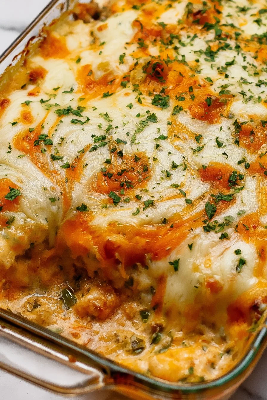 Delicious Hamburger Rice Casserole topped with melted cheese