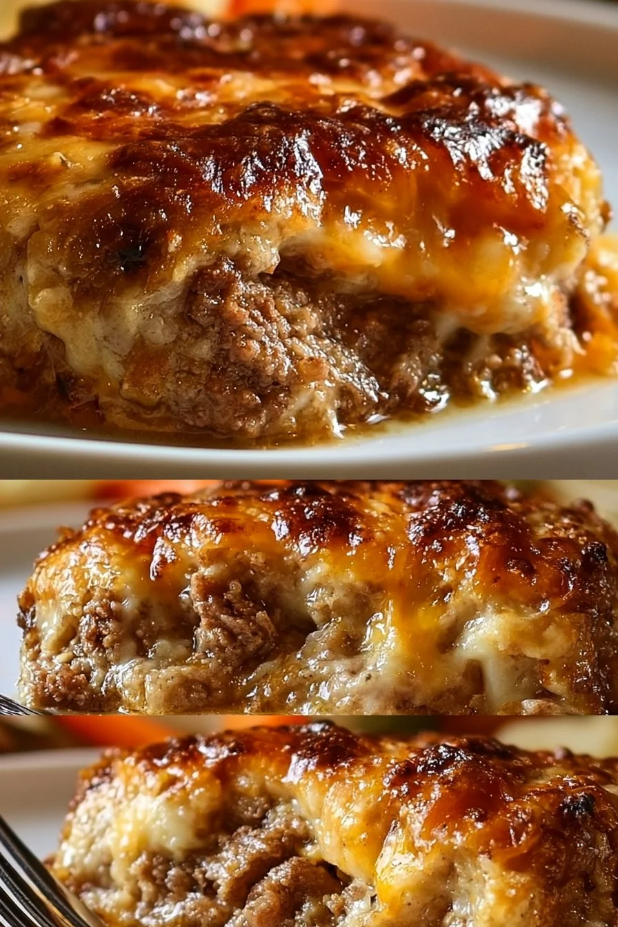 Delicious hamburger steak bake topped with savory sauce and served with vegetables.