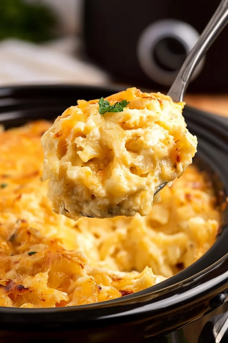 Delicious Hash Brown Casserole topped with cheese and crispy edges