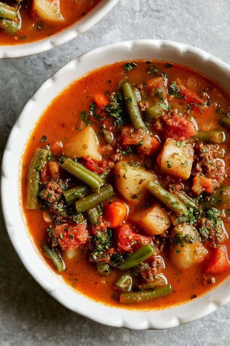 Healthy hamburger soup in a bowl garnished with fresh herbs
