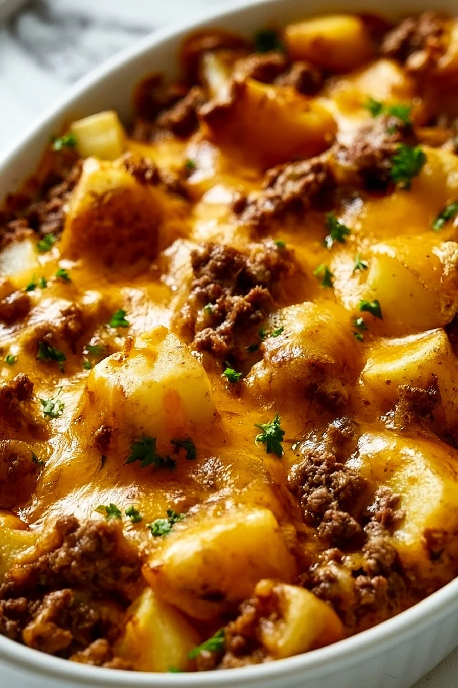 Hobo Casserole made with ground beef and potatoes, baked to perfection.