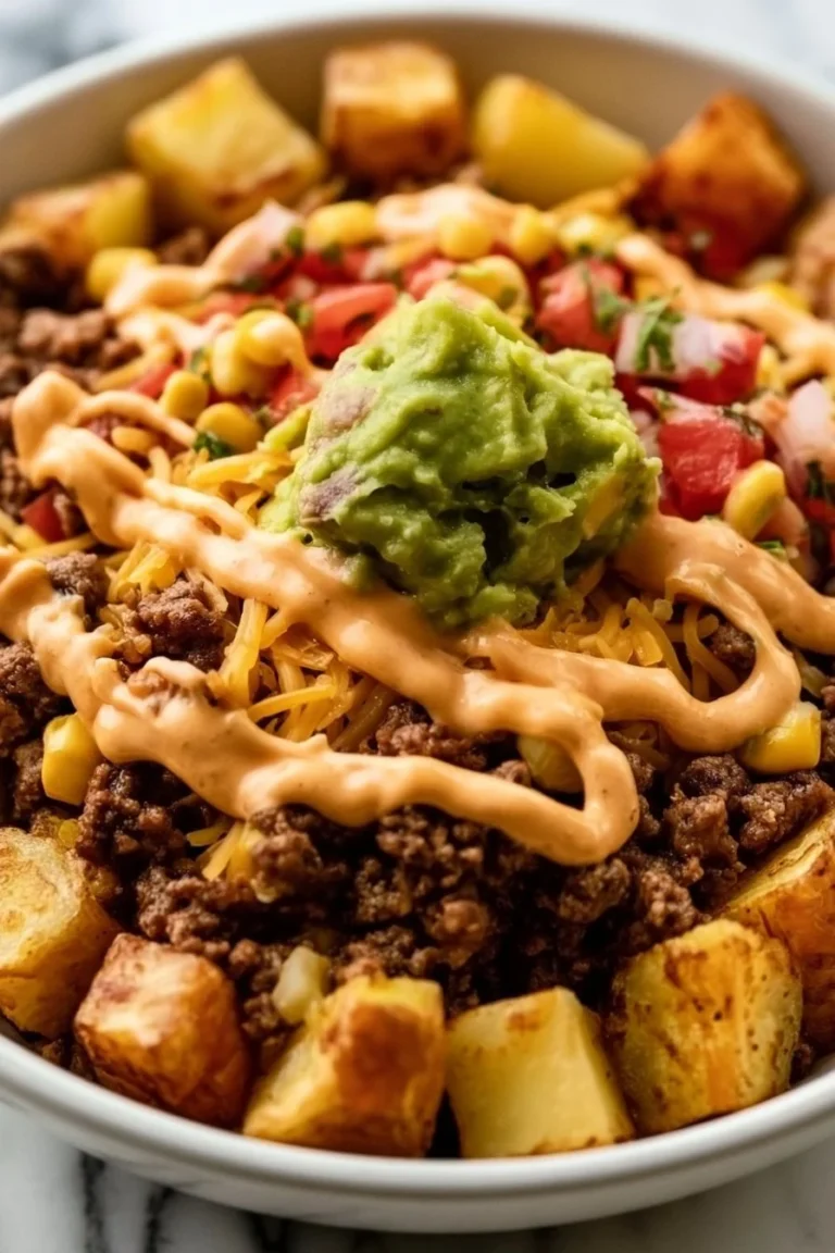 Delicious loaded potato taco bowl garnished with fresh toppings.
