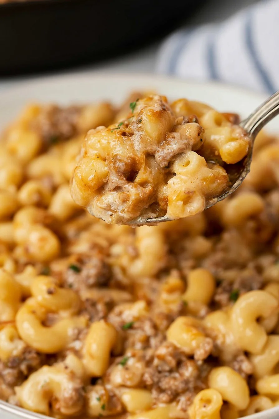 Delicious Mac and Cheese with Hamburger recipe served in a bowl.
