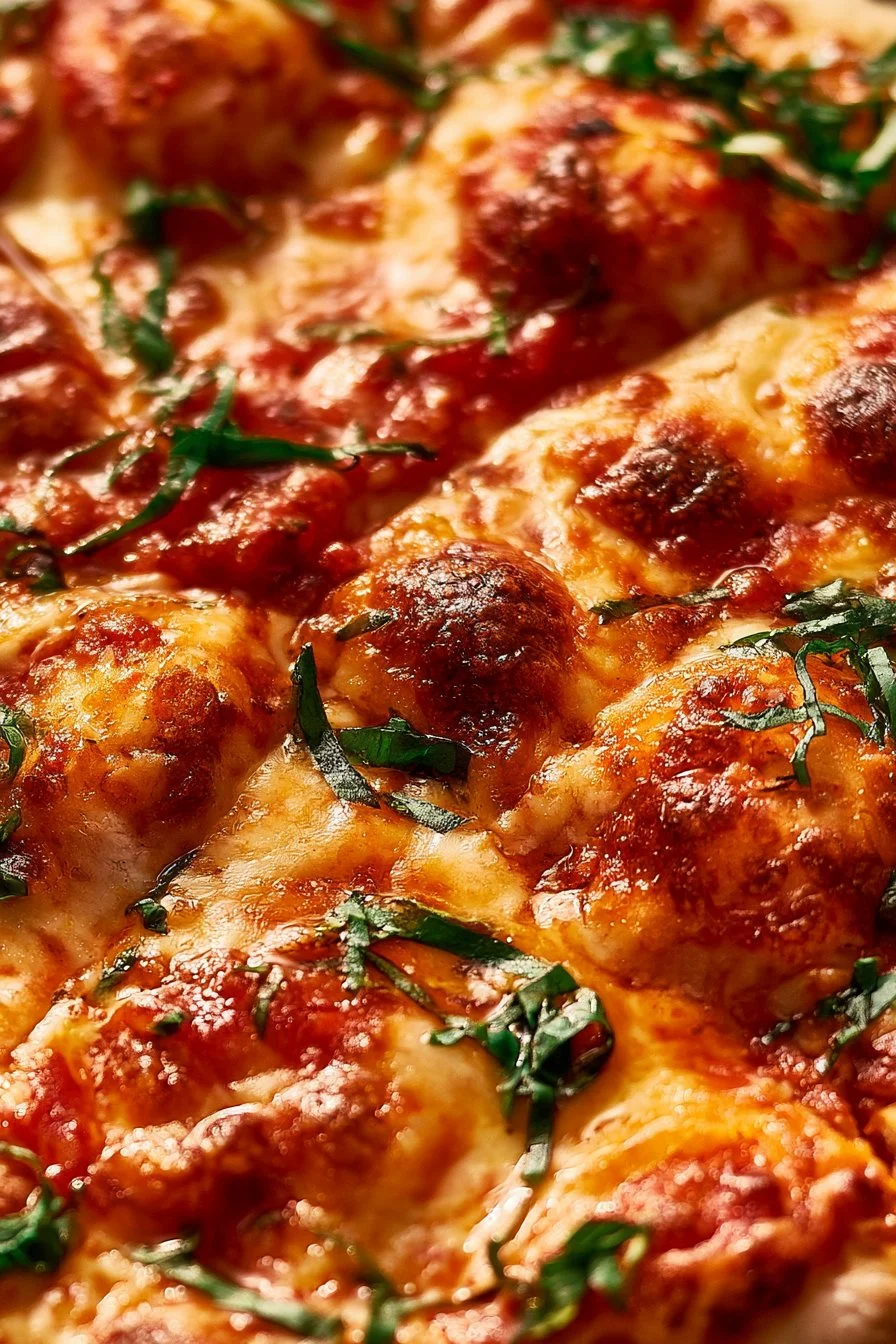 Delicious meatball sub casserole dish topped with melted cheese and marinara sauce